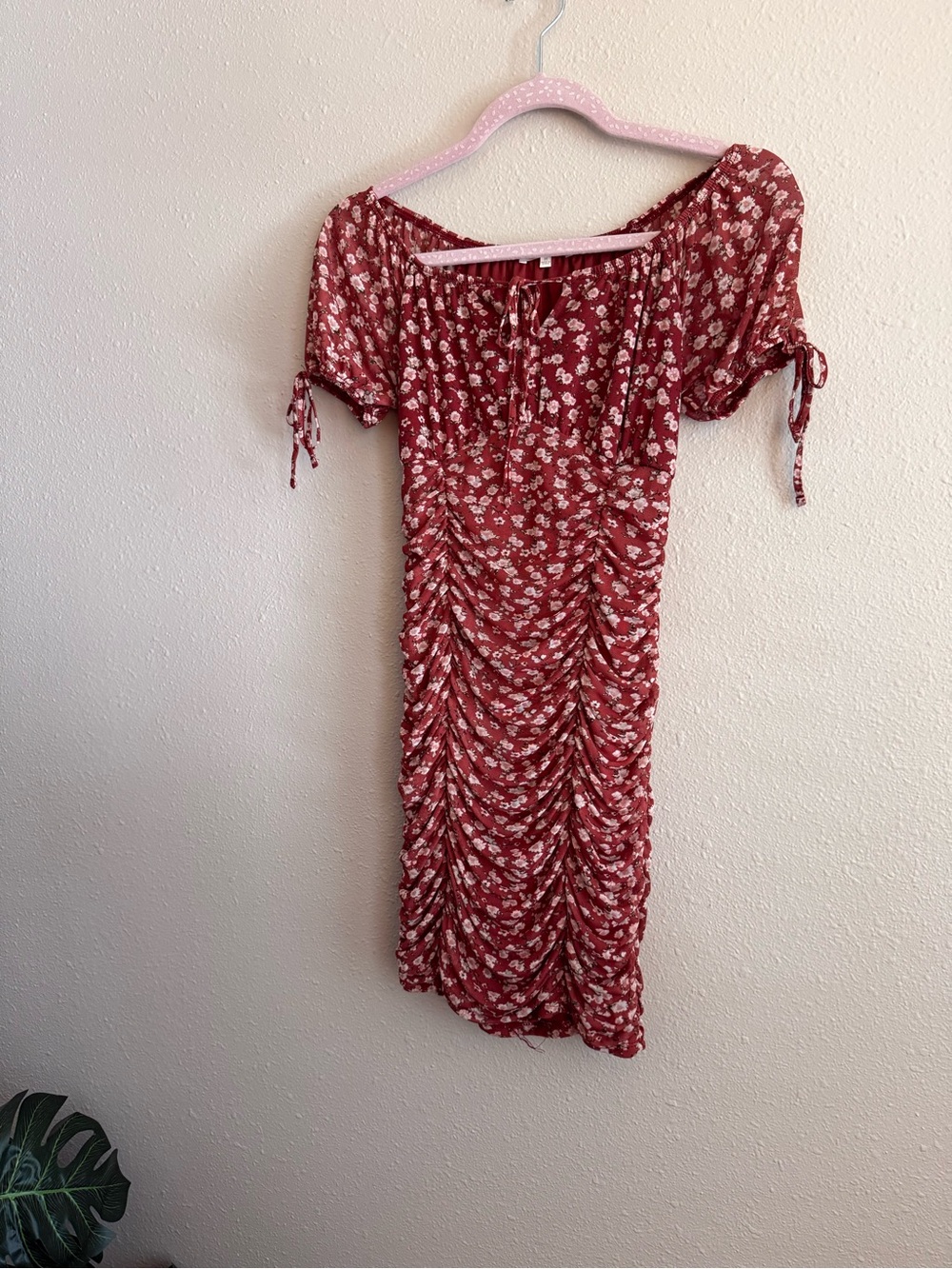 Ultra Flirt Burgundy Red Ruched Mini Dress with White Floral Print